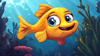 Cartoon style illustration of a cheerful yellow fish in a 2D design