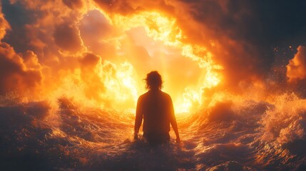 A lone figure stands in the churning waves of a stormy sea, gazing up at a fiery opening in the clouds above, representing hope and resilience in the face of adversity.