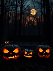 Haunted halloween night: evil glowing eyes of jack o' lanterns beside a wooden bench in a spooky forest sunset halloween backdrop