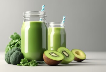 Glass jar mugs with green health smoothie, kale leaves, lime, apple, kiwi, grapes, banana, avocado, lettuce. Copy space. Raw, vegan, vegetarian, alkaline food concept.