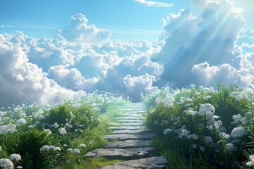 Poster - Heavenly Pathway Through Clouds and Flowers