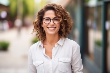 Portrait of a beautiful young businesswoman in glasses smiling at the camera