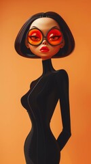 Sticker - 3D illustration of a woman with black hair, red eyes, and orange glasses