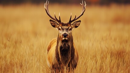 red deer male, cervus elaphus, rutting during mating season on a field near a forest in purple heath