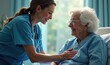 © Makaron - A compassionate nurse provides comfort and care to a smiling elderly patient in a bright and welcoming healthcare setting.