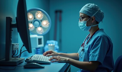 A healthcare professional in scrubs and a surgical mask works at a computer in a modern medical facility, emphasizing the integration of technology in healthcare.