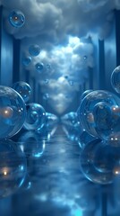 Wall Mural - Blue Glass Balls Floating in a Blue Cloudy Hallway