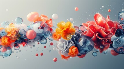 Poster - Colorful 3D flowers and bubbles