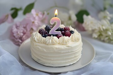 Delicious two-tiered birthday cake decorated with fresh berries on a soft, elegant background