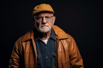 Portrait of an old man in a leather jacket and cap.