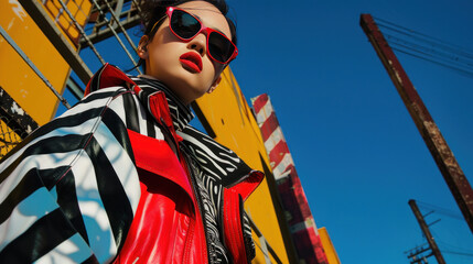 Poster - Fashion editorial blending vintage-inspired silhouettes with bold modern prints, shot in a high-contrast, futuristic urban environment.