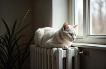 Cute white cat on a radiator near the window