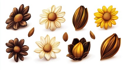 Realistic assortment of sunflower seeds and decorative flower designs isolated on a white background. Perfect for illustrating food agriculture or nature-related projects.. Generative AI