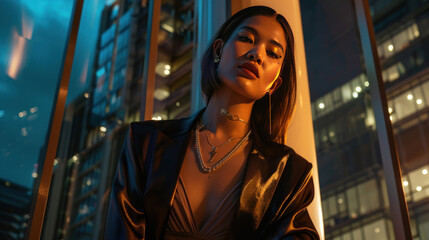 Poster - Fashion editorial featuring exclusive designer jewelry, set against a backdrop of modern architecture with sleek lighting emphasizing the sparkle