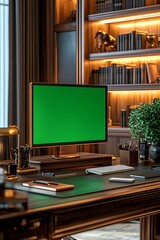 Aufkleber - A modern desk setup featuring a green screen monitor, stylish stationery, and a decorative plant in a warmly lit home office.
