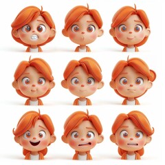 Wall Mural - 3D cartoon character with orange hair expressing different emotions