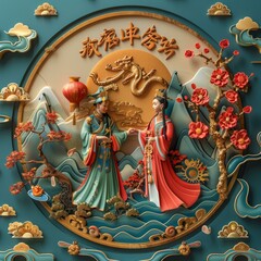 Chinese Traditional Couple Illustration in 3D Paper Cut Style