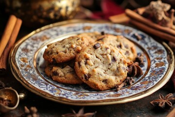 An artistic display of freshly baked spicy hermit cookies on a decorative plate, surrounded by cinnamon sticks and whole spices, evoking a cozy, homemade feel