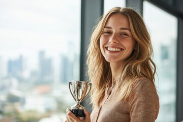 An ecstatic businesswoman standing by a large window with city views, holding a trophy or award in her hand, symbolizing recognition of her success