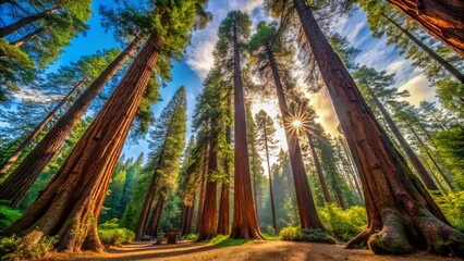 Majestic towering redwoods in a serene landscape of Red Wood National Park under a clear sky