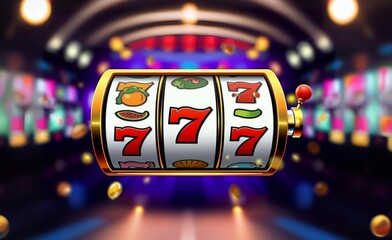 Casino slot machine. Big winning symbol 777 of gold jackpot, online casino