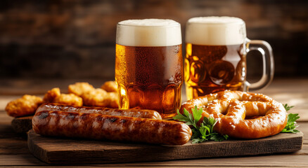 Two mugs of beer with grilled sausages, pretzels, and fried snacks on a wooden board. Oktoberfest celebration and traditional German food concept. Design for banner, poster, or food and beverage