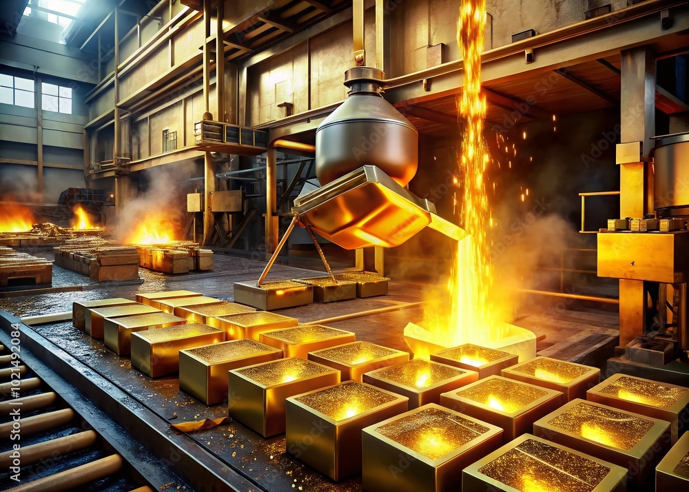Manufacturing Gold Modern Gold Refinery Process Showing Melting, Refining, and Gold Bar ...