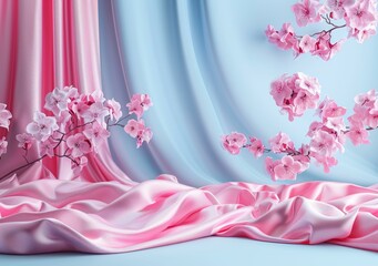 Poster - Pink Cherry Blossoms on Pastel Silk