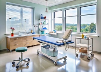 Modern hospital table for patient care with medical supplies and equipment in a clinical setting