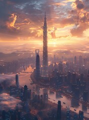 Wall Mural - Sunrise over a Modern Metropolis Skyline