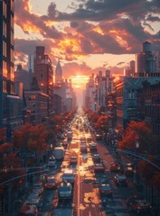 Canvas Print - Sunset City Street View Illustration