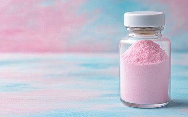 Under diffused lighting, a clear glass container filled with pink powder is placed on a soft surface