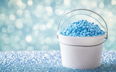 In a white cup with blue circles, blue round tablets create a colourful and inviting display