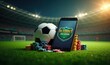 © Makaron - A smartphone displaying a sports betting app, accompanied by a soccer ball and poker chips, set against a vibrant football stadium backdrop, ideal for gambling and sports marketing.