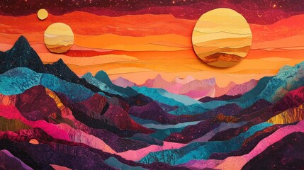 A painting of a mountain range with two planets in the sky