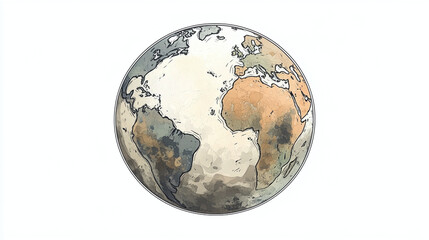 planet earth global glowing 2d illustration black and white glowing low contrast pencil drawing sepia white background, globe appealing artistic digital painting artwork sphere globe watercolor effect