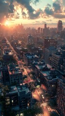 Canvas Print - Aerial View of a City Skyline at Sunset