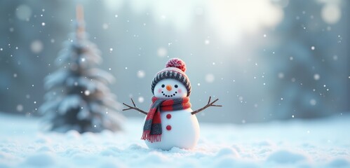 A cheerful snowman stands amidst a snowy landscape, evoking the warmth of winter festivities and holiday joy.