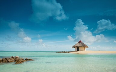 Wall Mural - Beach hut paradise. Solitary hut on a tropical beach with clear blue water and white sand, symbolizing serenity and escape.