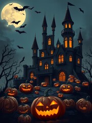 Wall Mural - Spooky halloween illustration pumpkins castle dark cartoon style for kids high quality photo halloween backdrop