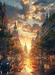 Wall Mural - Rainy Sunset Cityscape Illustration