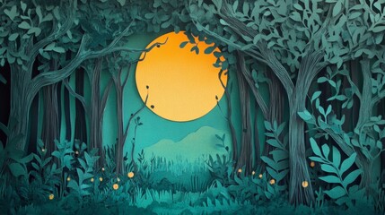 Wall Mural - a paper cutout of a forest with a yellow moon in the sky