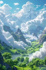 Poster - Fantasy Mountain Valley Landscape Illustration