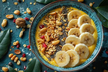 Wall Mural - vibrant smoothie bowl sliced bananas granola coconut breakfast flakes food free organic