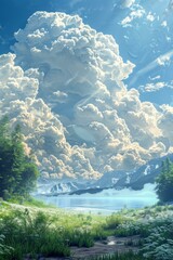 Poster - Stunning Cloudscape Over a Serene Lakeside Meadow