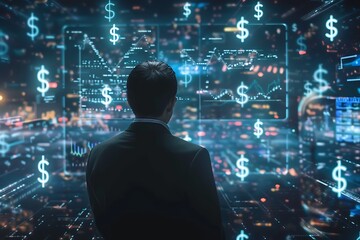 An investment banker surrounded by holographic currency symbols and interactive graphs in the air