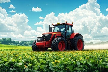 Tractor in a vibrant soy field applying pesticides under a blue sky