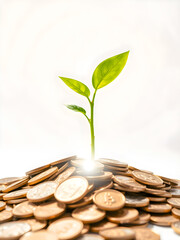 Green plant growing on pile of coins, business growth and success concept