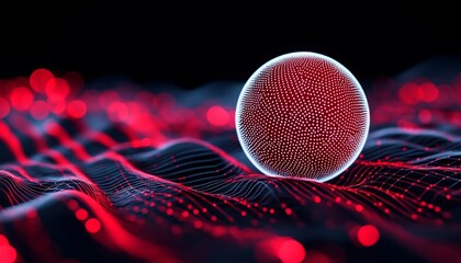 Abstract red and white Sphere logo ball with Swirling Particles, for AI, tech presentations and Data Science, network technology, high-tech communication, innovation and machine learning.
