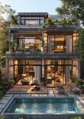 Poster - Modern Luxurious Villa Exterior with Pool and Garden